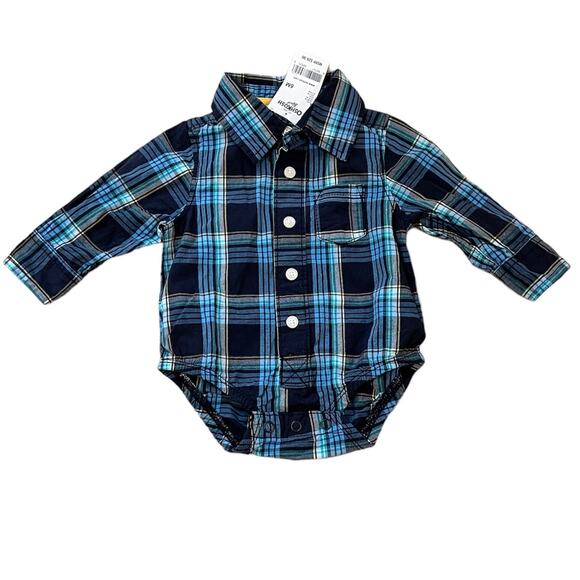 NEW Oshkosh Navy Blue Plaid Button Up Baby Onesie Shirt 6 Months - Picture 1 of 3